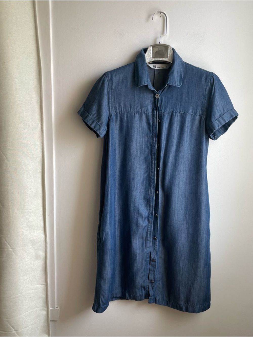 FIG Blue Dress 100% Tencel Lyocell Button-up Short Sleeves Eco-friendly size XS